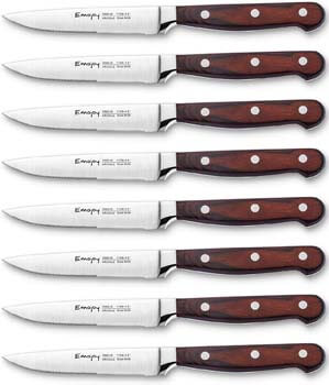 7. Emojoy Steak knife set, Pakkawood Handle Highly Resistant and Durable, German Stainless Steel Steak Knives