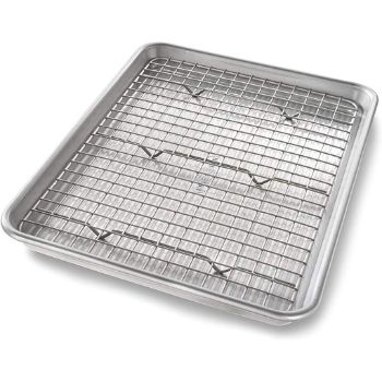 10. USA Pan Quarter Sheet Baking Pan and Bakeable Nonstick Cooling Rack, Metal