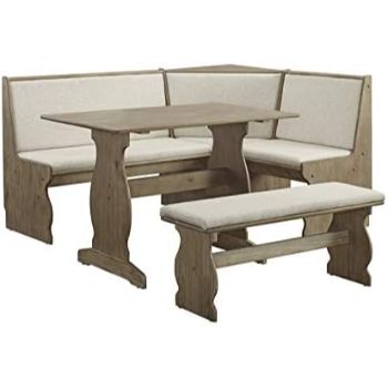 8. Riverbay Furniture Patio Conversation Kitchen Breakfast Corner Table Booth Bench Natural Fabric Upholstered Dining Nook Set in Brown